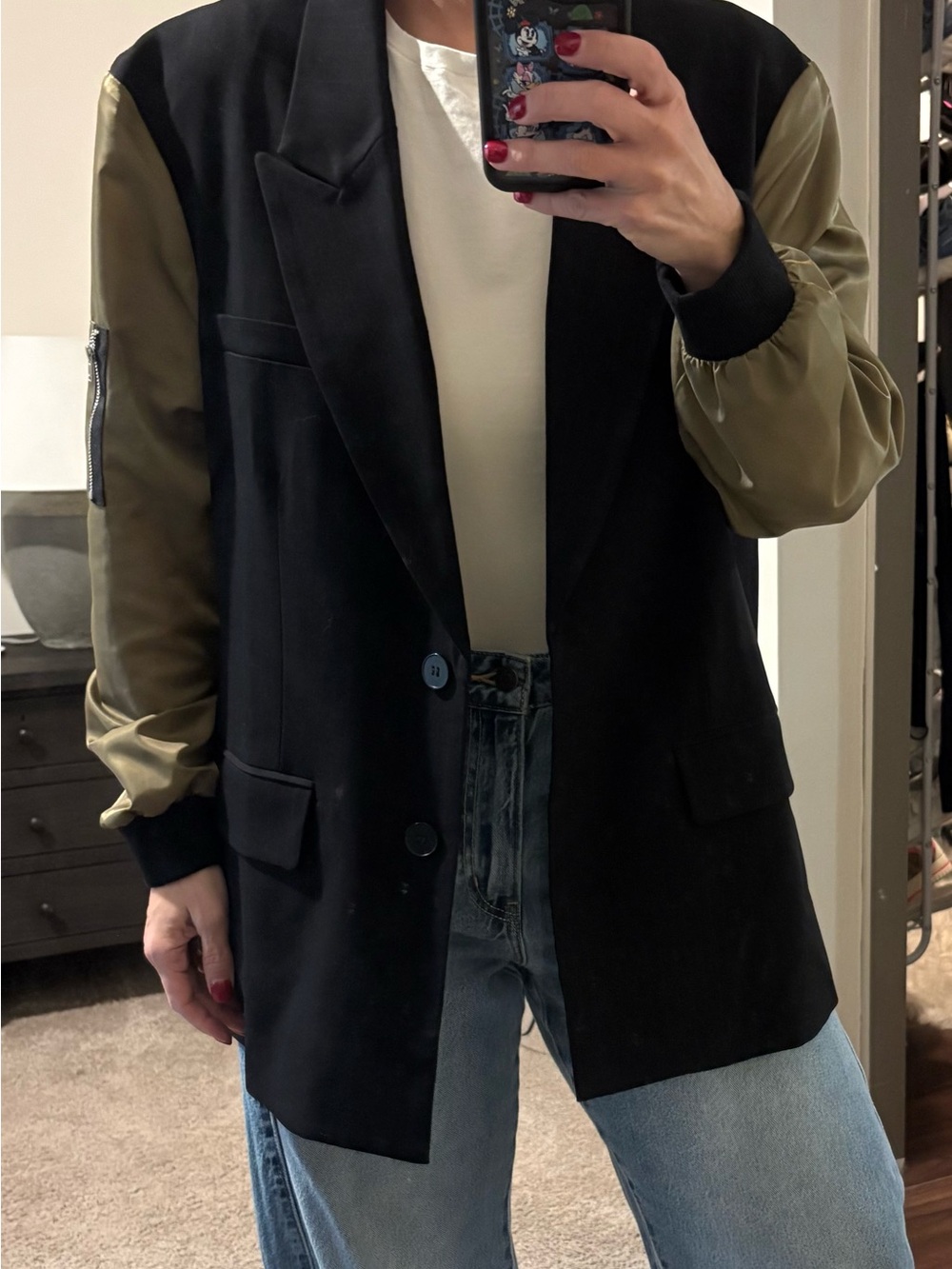 ANTHROPOLOGIE Dolan Two-Tone Blazer with Olive Green Sleeves and Black Body